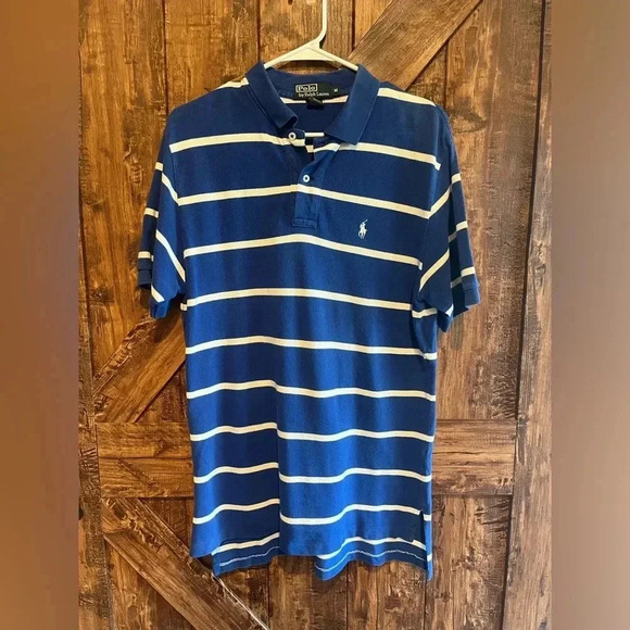 POLO RALPH LAUREN MENS BLUE AND WHITE STRIPED POLO STORR SLEEVE SZ MEDIUM - Picture 1 of 4